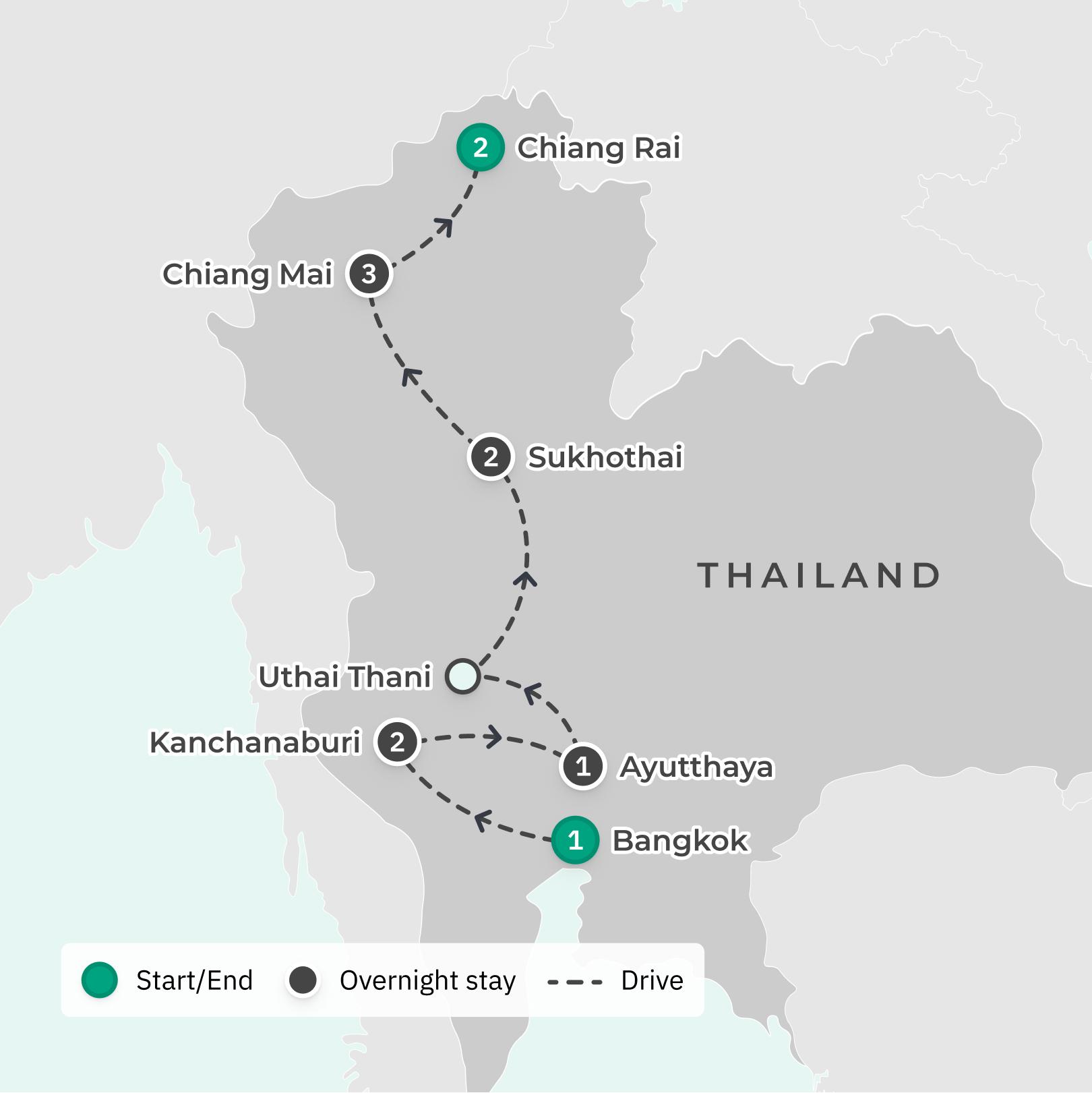 Northern Thailand: Small-Group Tour with Golden Triangle Cruise, Floating Village Stay & Traditional Cooking Class route map