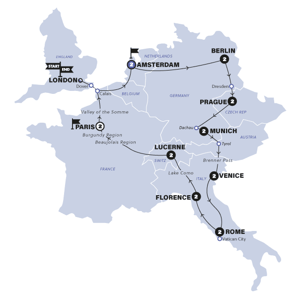 European Whirl | Plus | Start Amsterdam | Summer 2025 route map