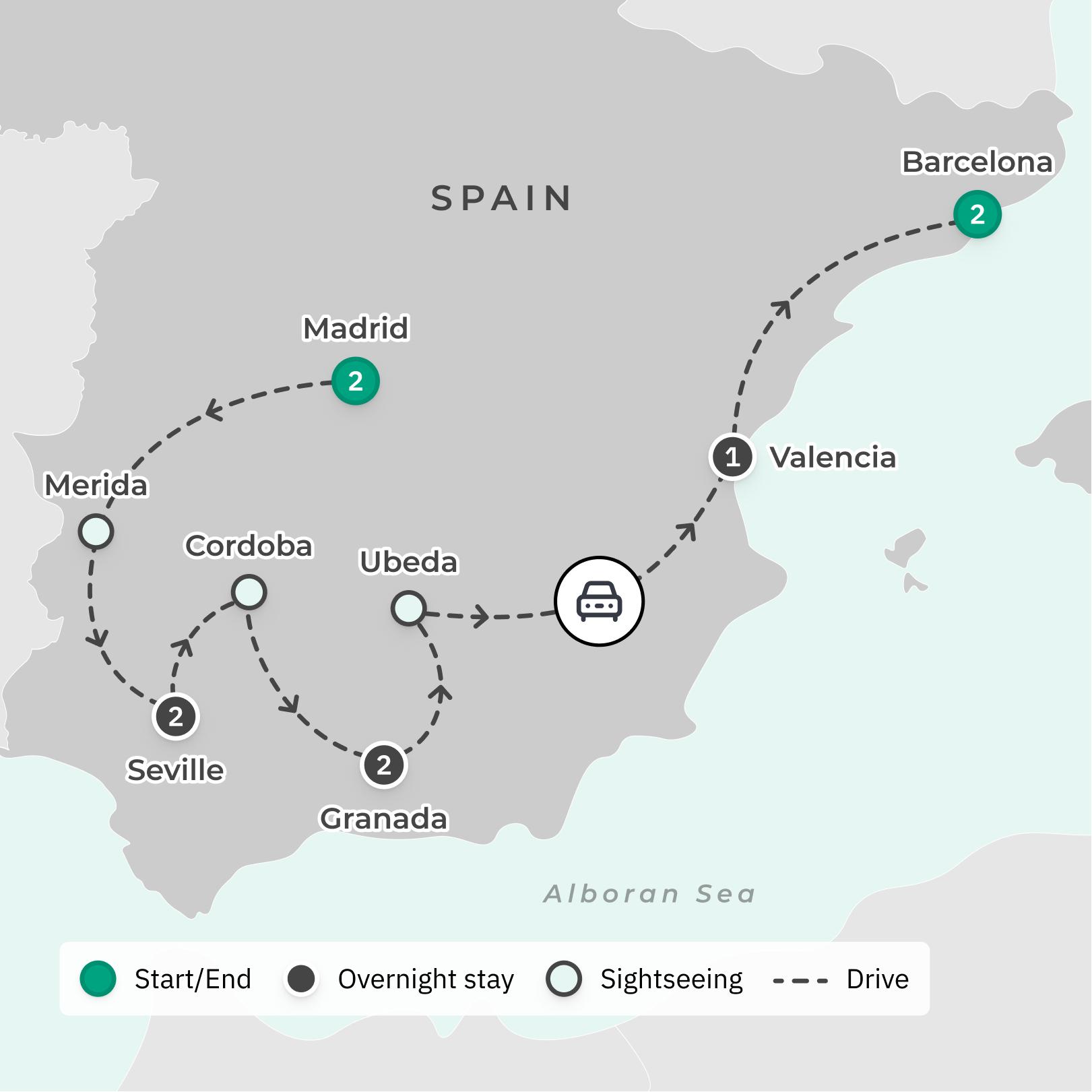 Spain 2024 Small-Group Highlights Tour with Olive Oil Tasting, Alhambra Palace, Flamenco Dinner Show & Handpicked Accommodation route map
