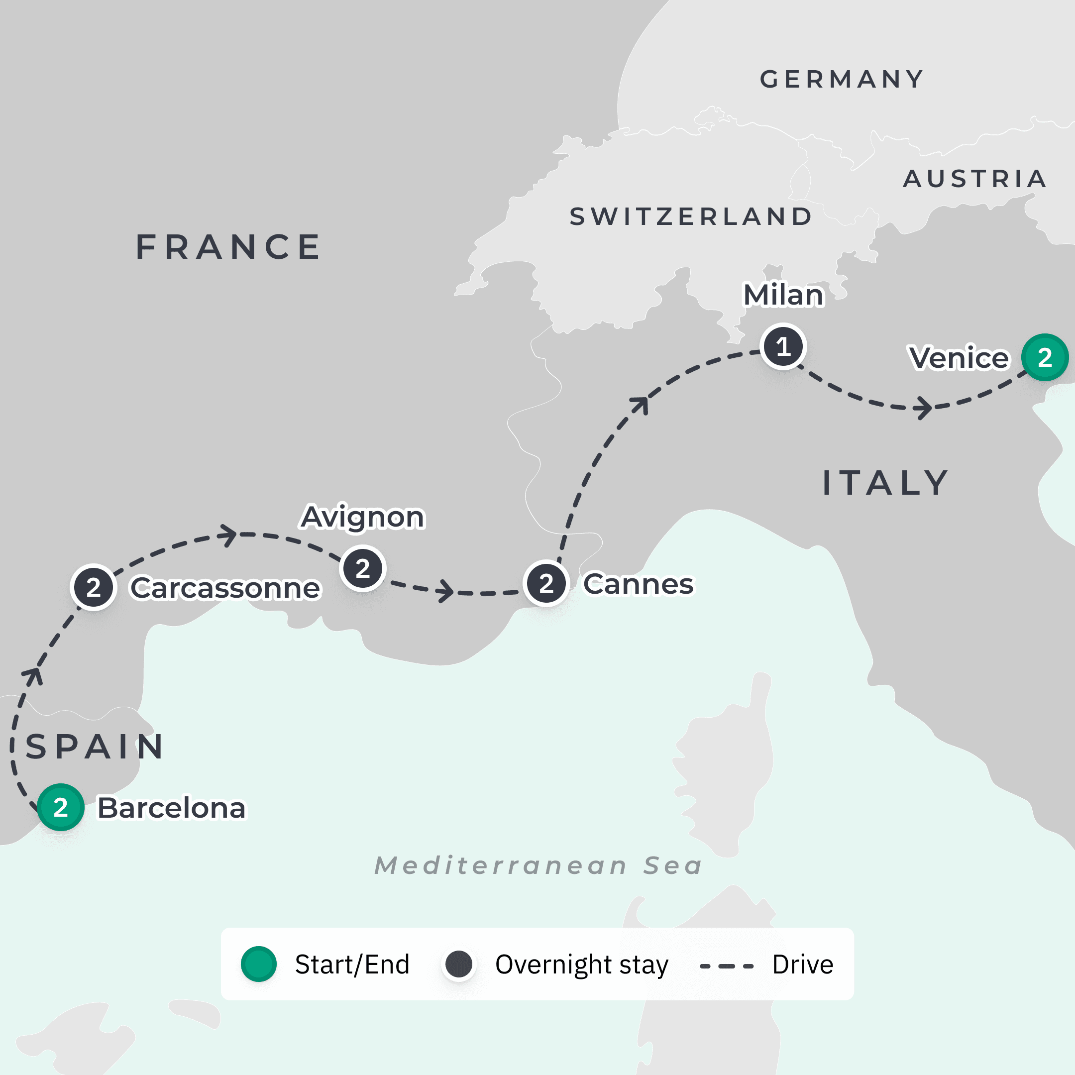 Southern France, Northern Italy & Barcelona Exploration with Wine Tasting & Perfume-Making Class route map