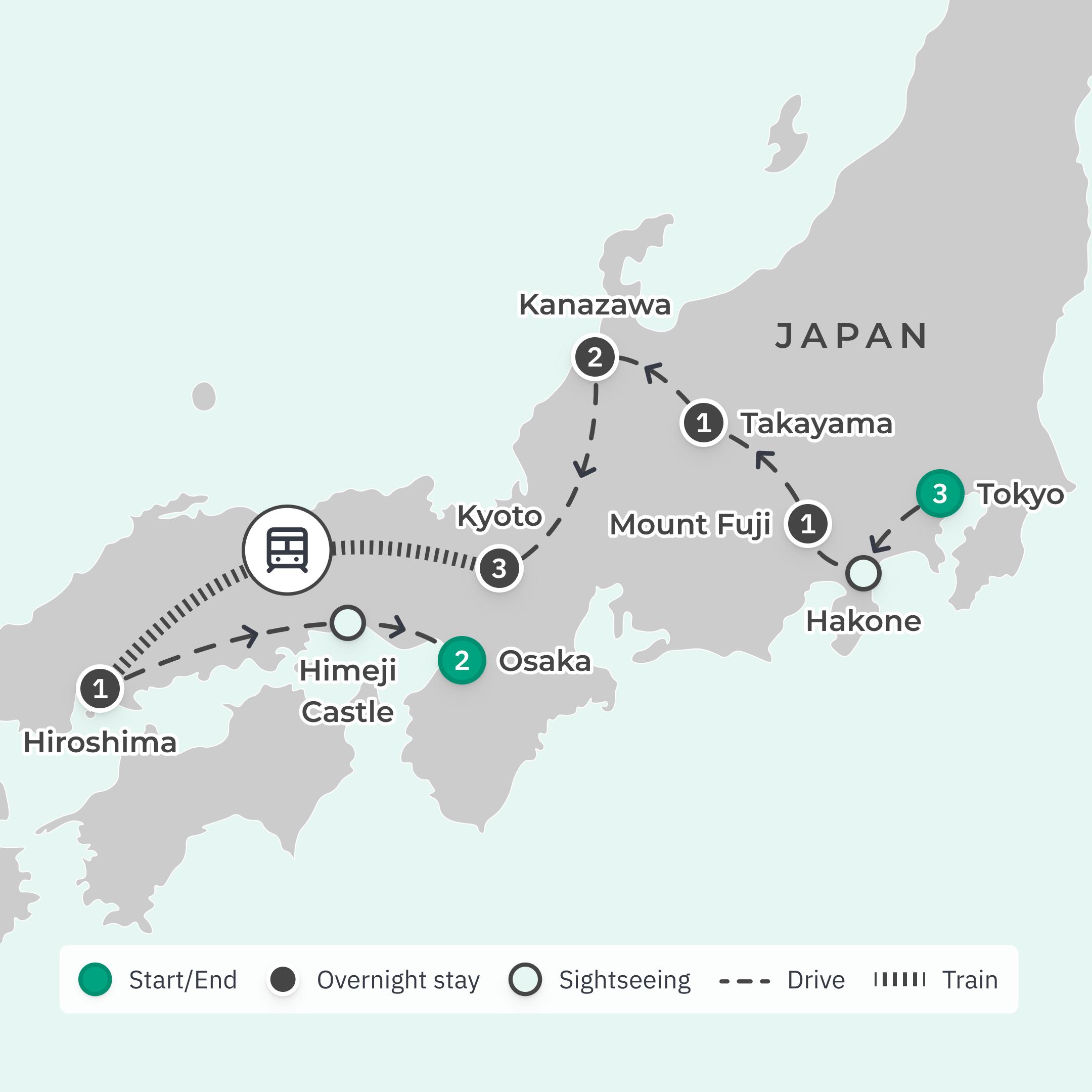 Best of Japan with Mount Fuji Visit & Shinkansen Journey route map