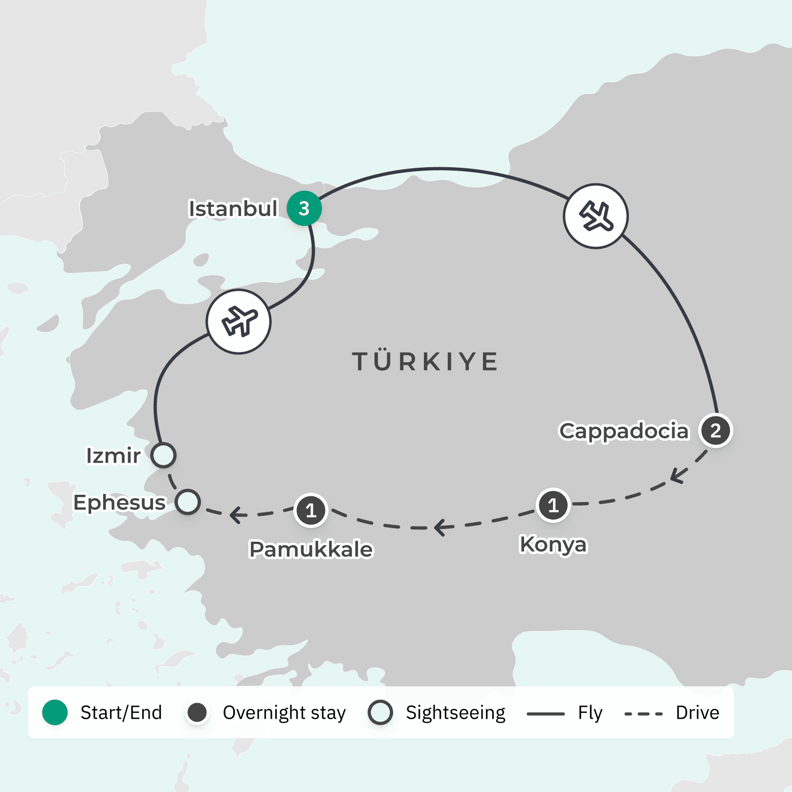 Turkiye 2024 Highlights Tour with Istanbul Discovery, Pamukkale Hot Springs & Cappadocia Visit route map