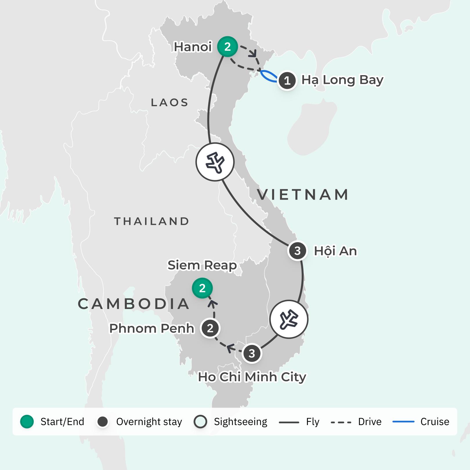 Vietnam & Cambodia Highlights Tour with Premium Stays, Ha Long Bay Cruise, Angkor Wat Visit & Mekong Delta Experience route map