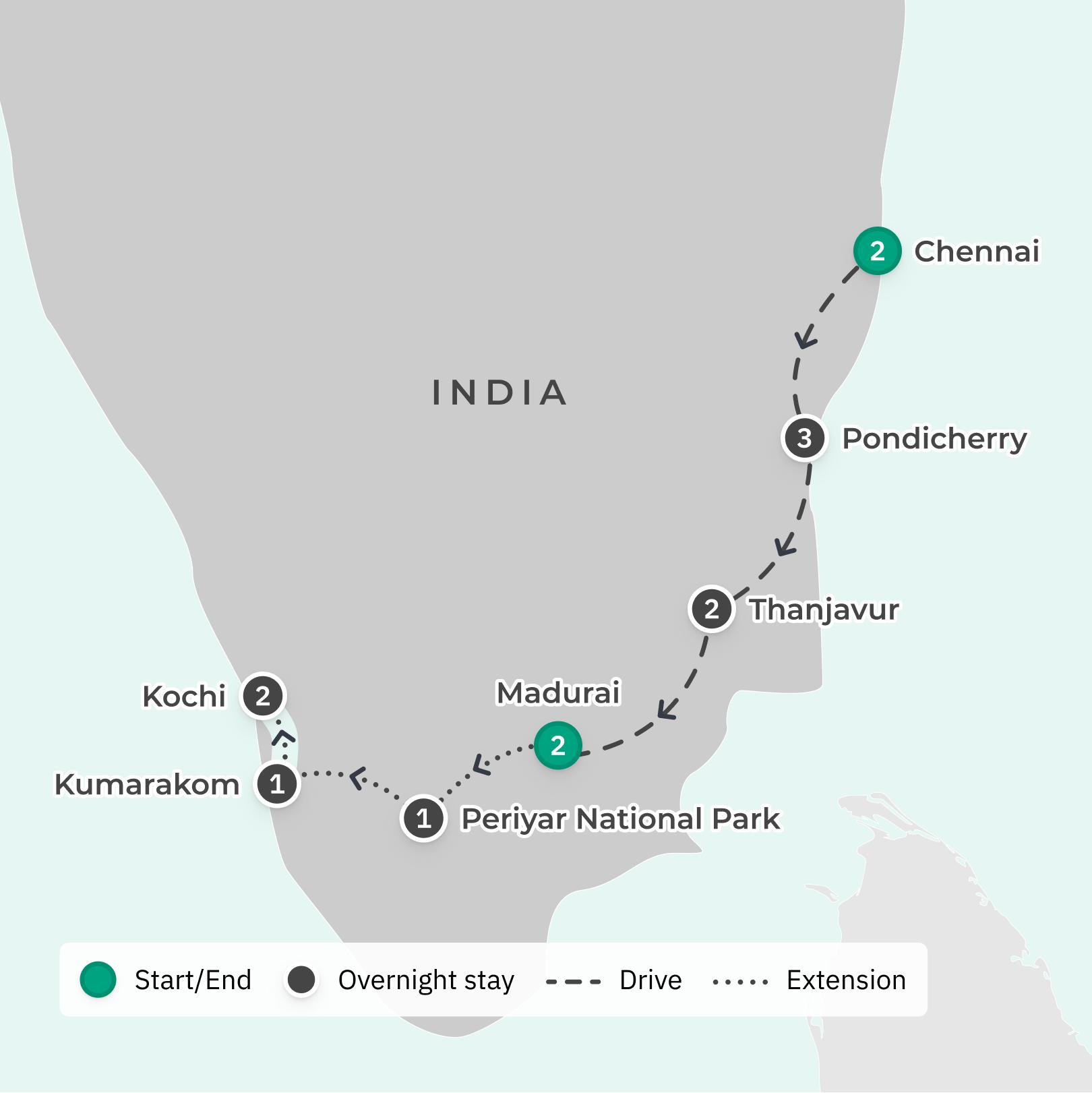 Southern India Small-Group Tour with UNESCO World Heritage Sites, Ayurvedic Massage & Gourmet Dining route map