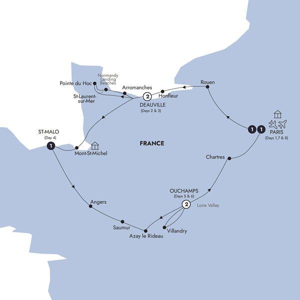 Normandy, Brittany & The Loire Valley - Classic Group route map
