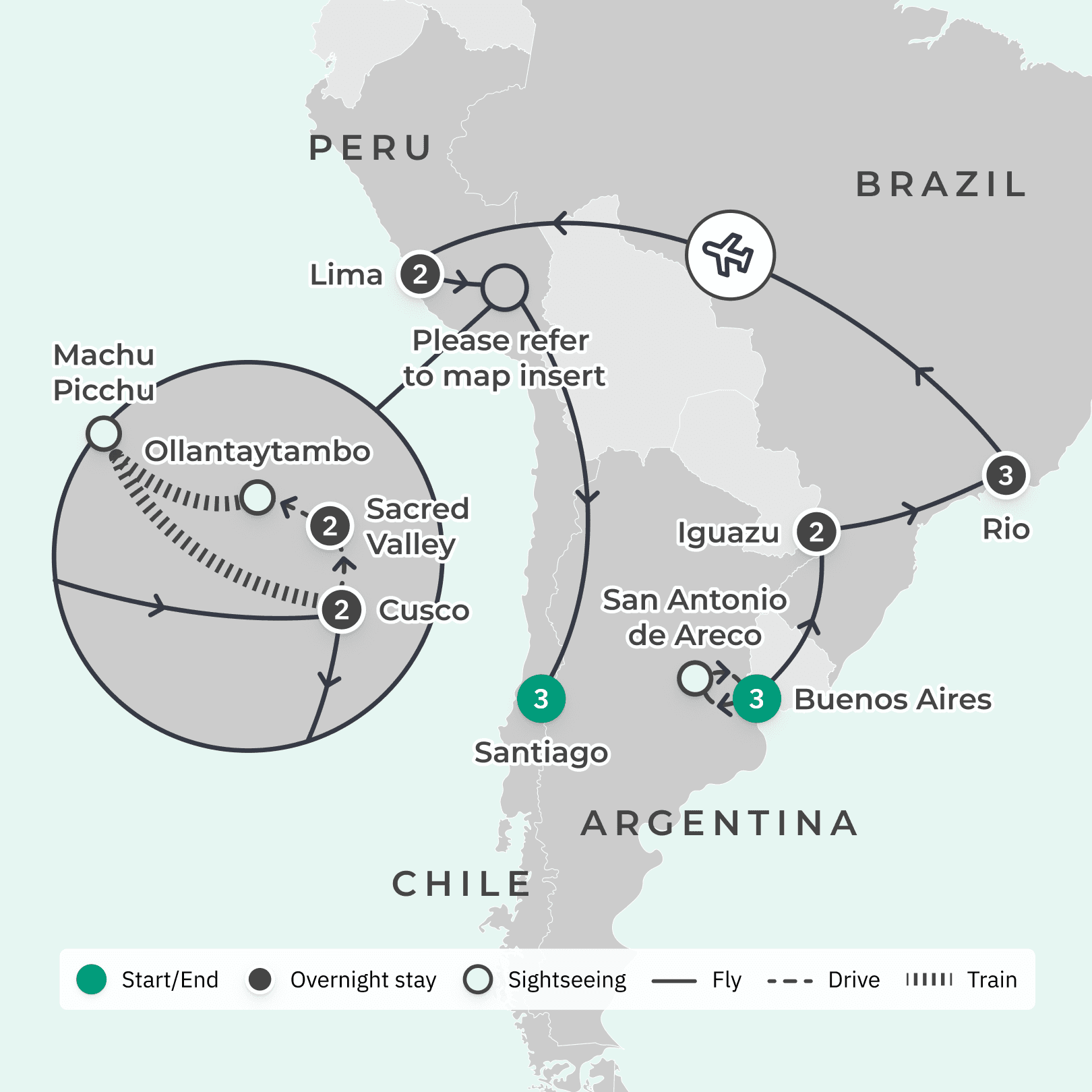 South America 2024 Odyssey with Iguazu Falls Safari, Maipo Valley Wine Tasting, Tango Show & Machu Picchu route map