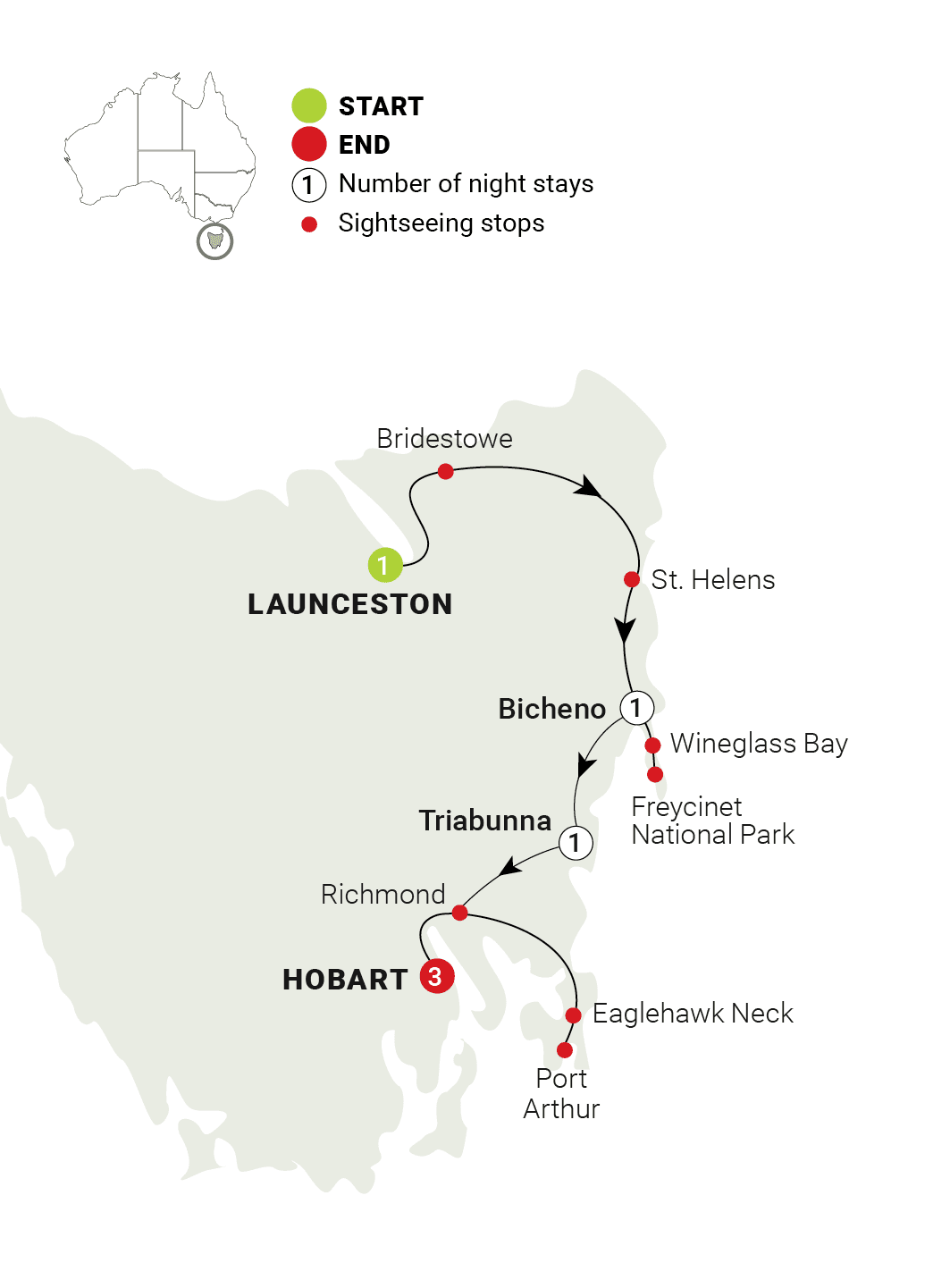 Tassie Getaway route map