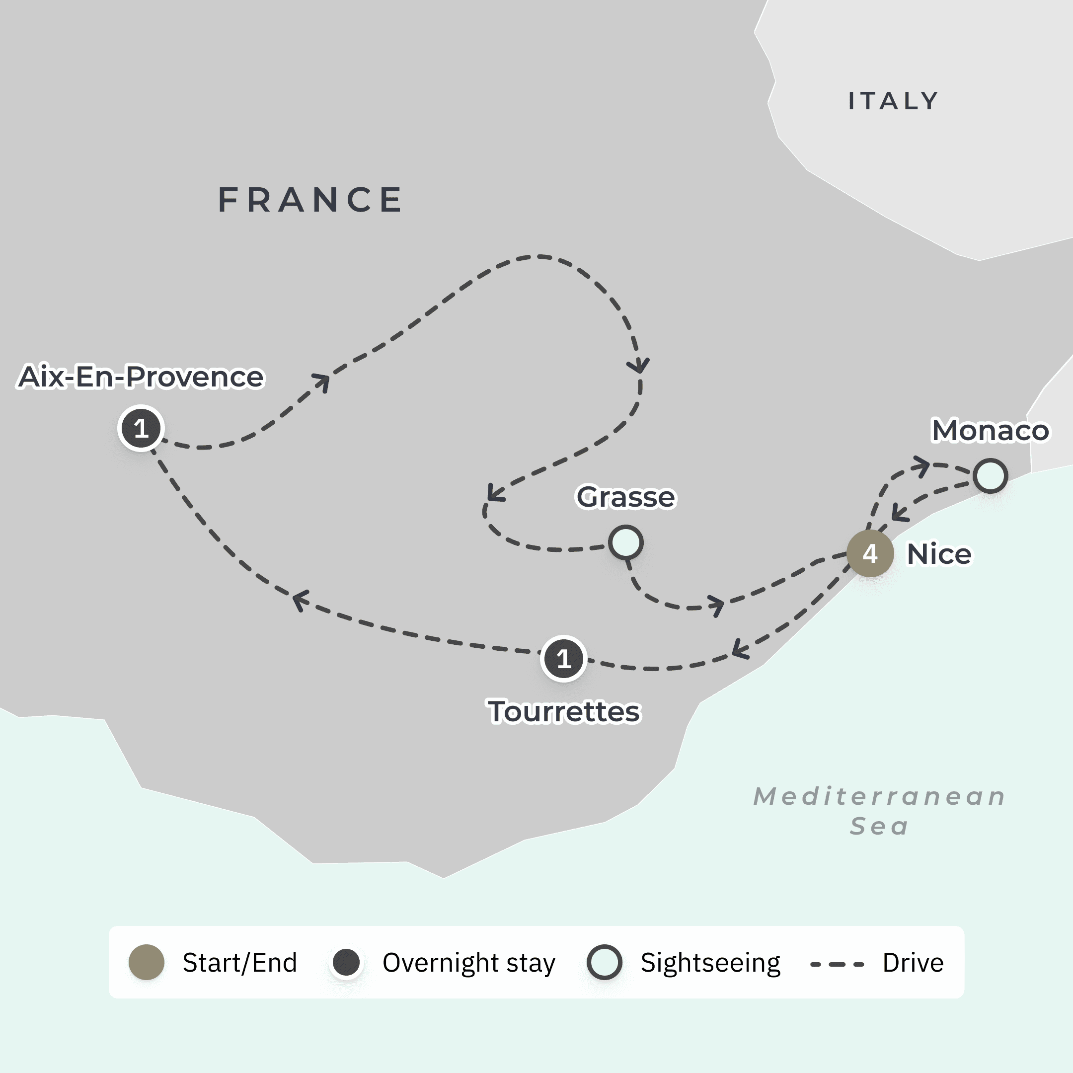 Ultra Lux Provence Driving Tour & Monaco Grand Prix 2025 Superyacht Charter with All-Inclusive Cocktail Party route map