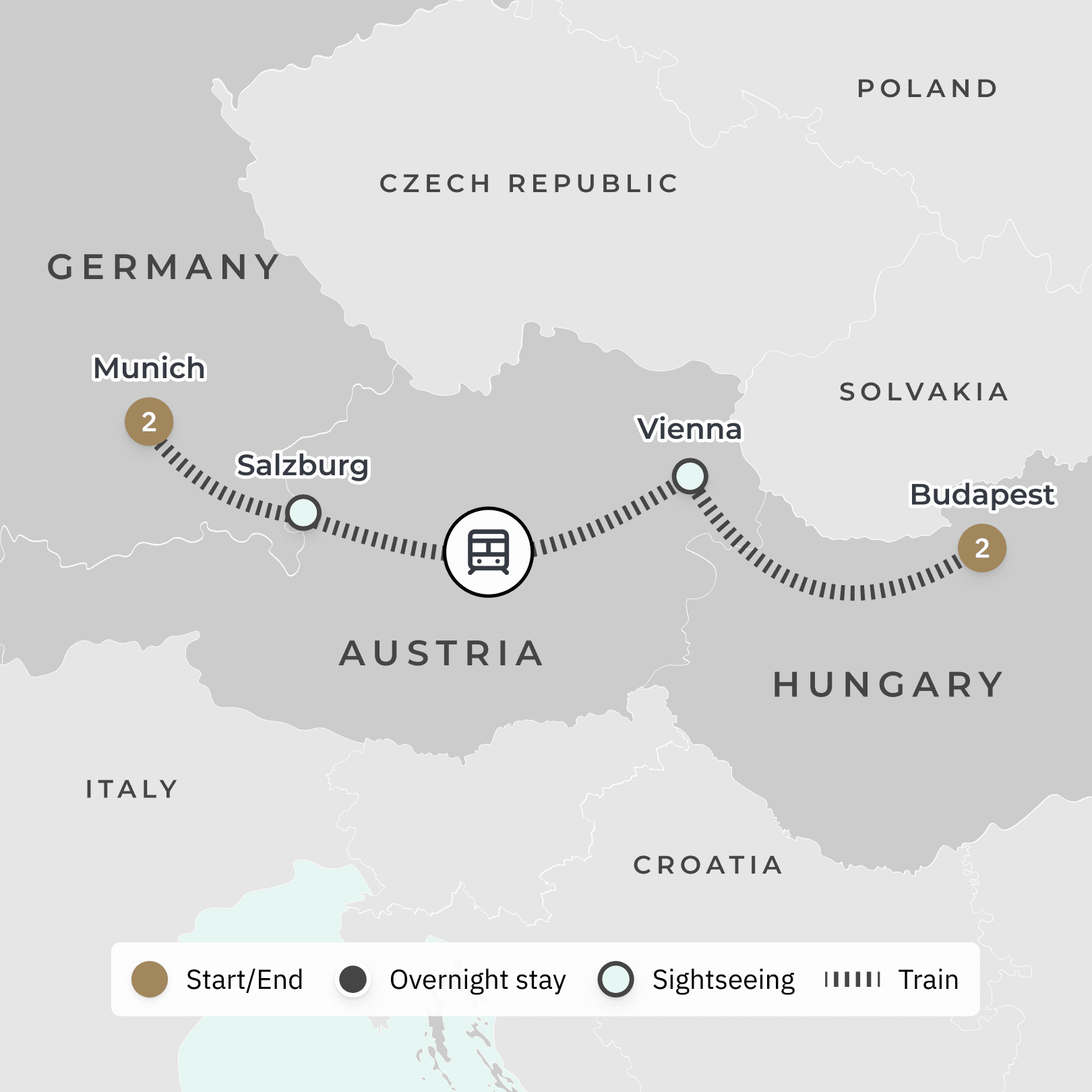 Christmas Markets of Europe 2024 & 2025: All-Inclusive Ultra Lux Golden Eagle Rail Journey from Munich to Budapest route map