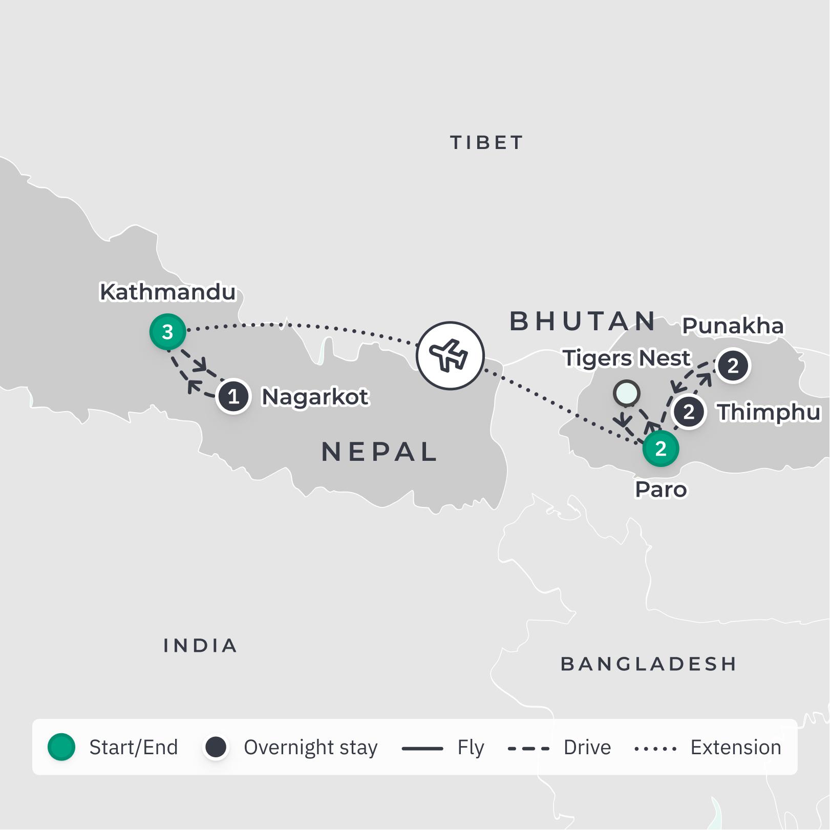 Bhutan Luxury Small-Group Cultural Tour with All-Inclusive Dining, Tiger's Nest Visit & Insider Experiences route map
