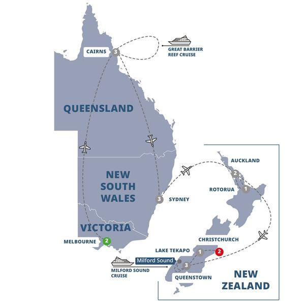 Contrasts of Australia and New Zealand route map