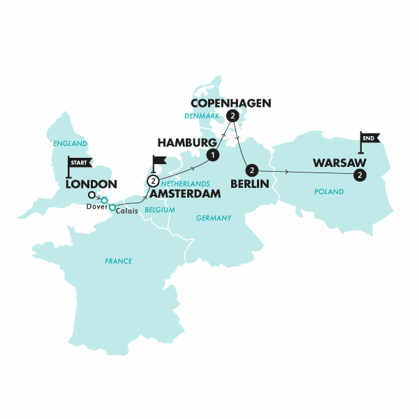 London to Warsaw Vistas | Start London | Winter | 2024/2025 route map