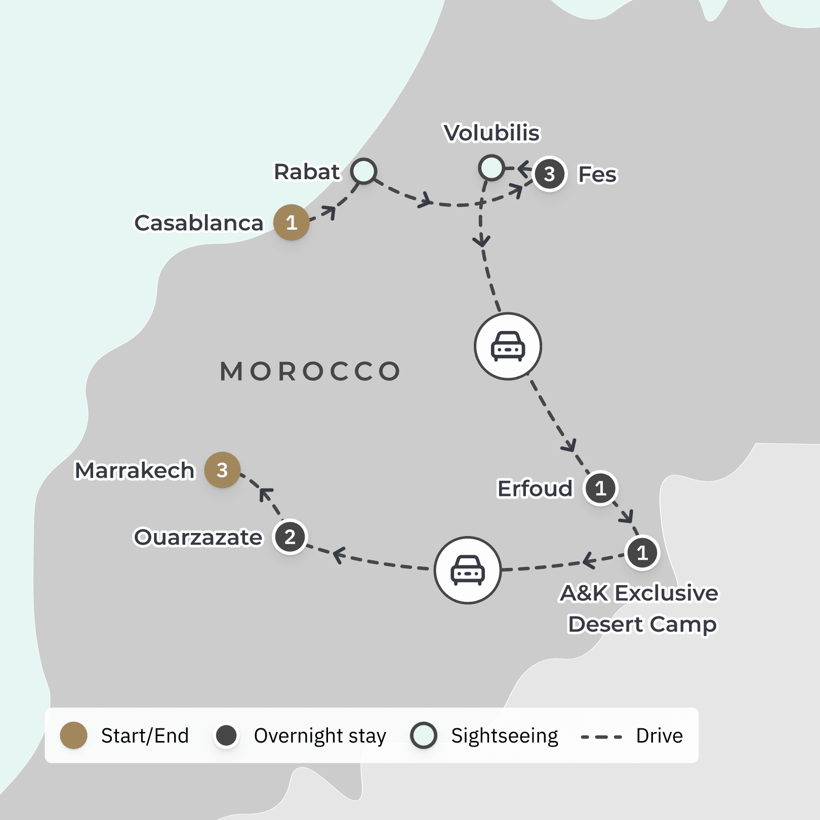 Splendours of Morocco Ultra-Lux Tour with Exclusive Desert Camp Stay, Sahara Camel Ride & Meknes Chef's Table Experience route map