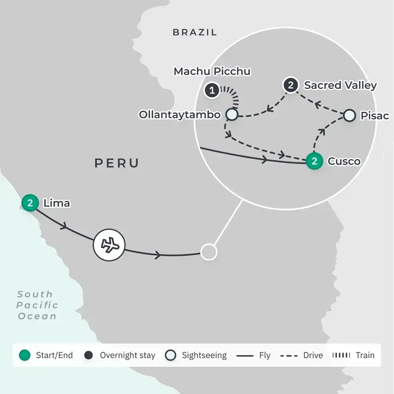 Peru Highlights with Sacred Valley & Machu Picchu Guided Tour route map