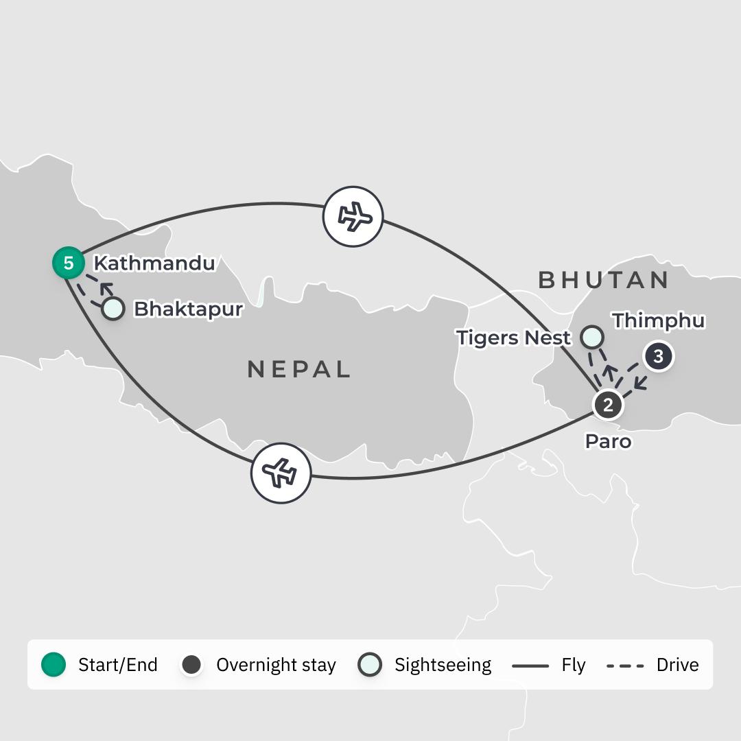 Spirit of Nepal & Bhutan Ultra-Lux Tour with Exclusive Stays, Tiger’s Nest & Kopan Monastery Guided Meditation route map
