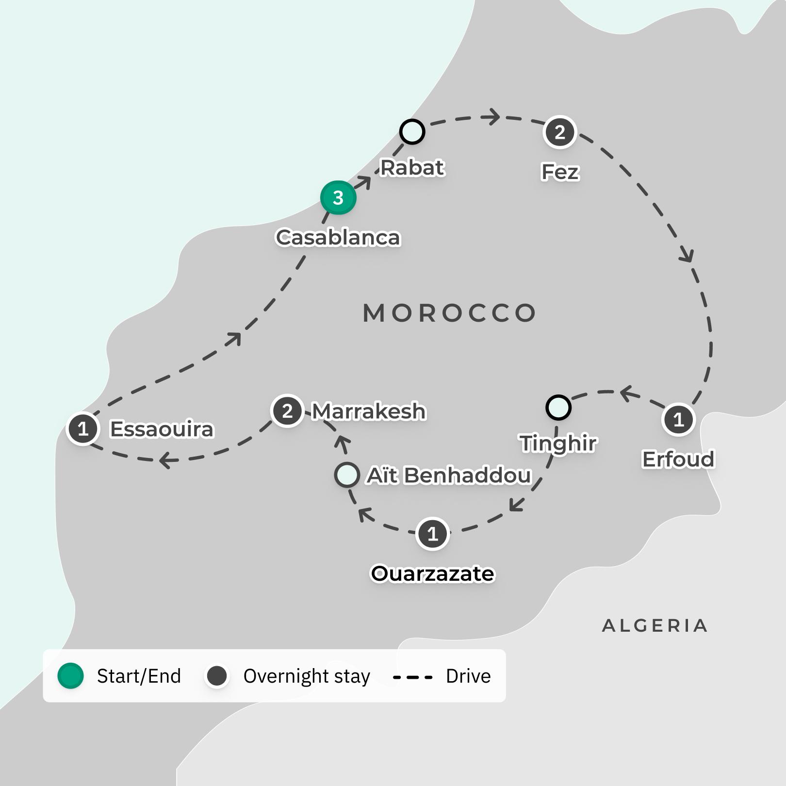 Morocco: 10-Day Cultural Tour from Casablanca with Guided City Tours, Desert Stays, Camel Ride & Jeep Safari route map