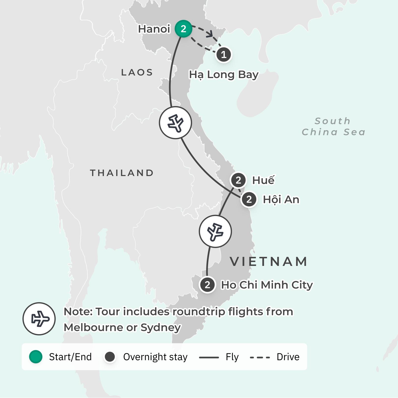 Vietnam Small-Group Foodie Tour with Four-Star Stays, Roundtrip International Flights from Sydney & Ha Long Bay Cruise route map