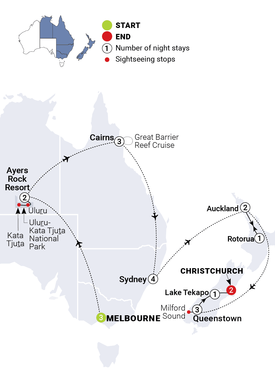 Highlights of Australia & New Zealand route map