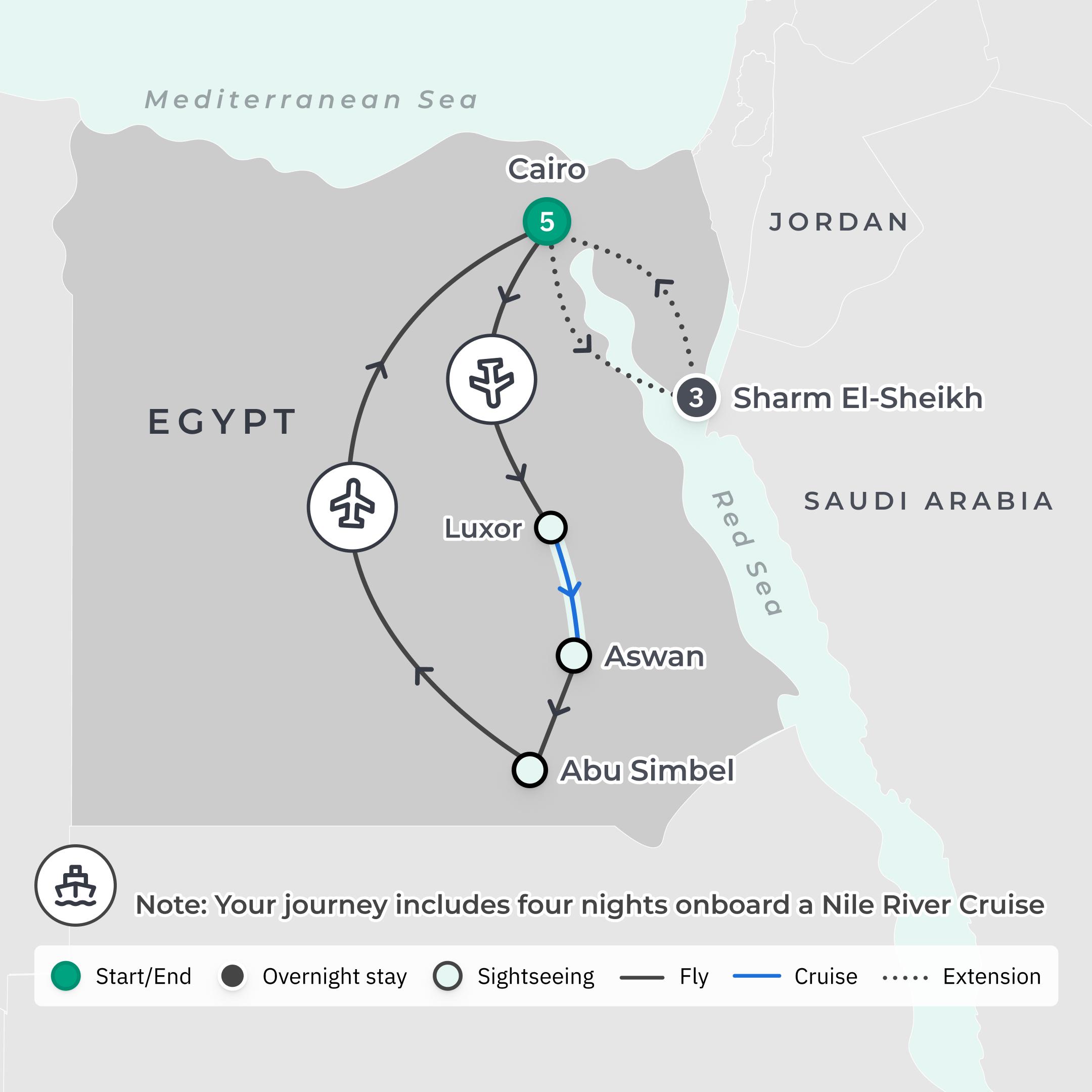 Sharm el Sheikh Extension + Egypt Luxury Highlights with Abu Simbel & Four Seasons Stay route map