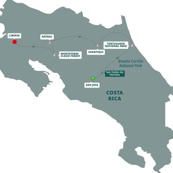 Costa Rica Eco Adventure End Liberia route map