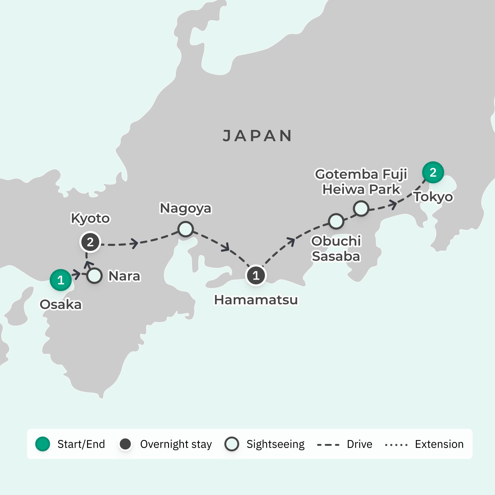 Japan Highlights with Shinkansen Journey & Osaka Castle route map