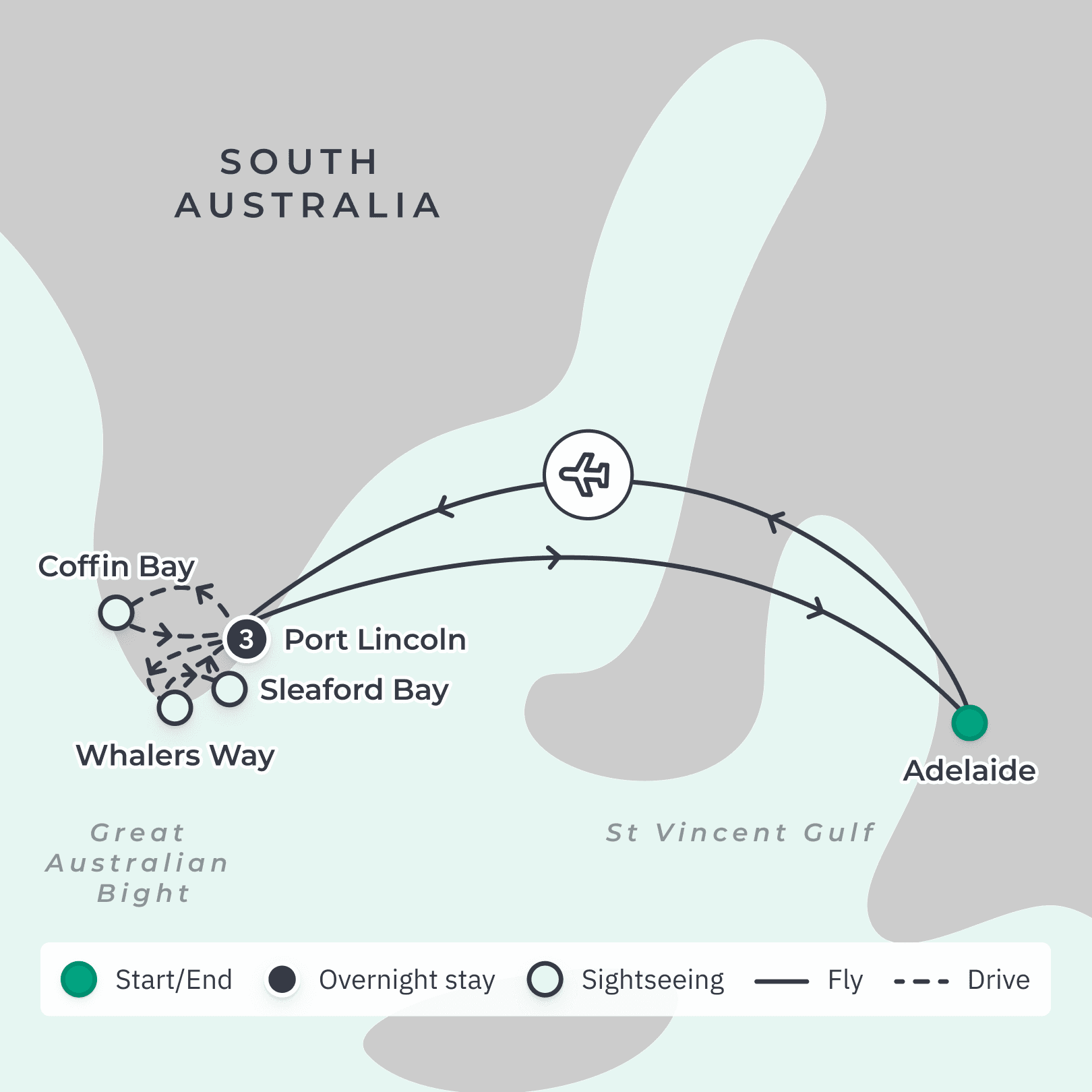 South Australia 2024 Small-Group Gourmet Tour with Oyster Shucking, Wine Tasting & Roundtrip Adelaide to Port Lincoln Flights route map
