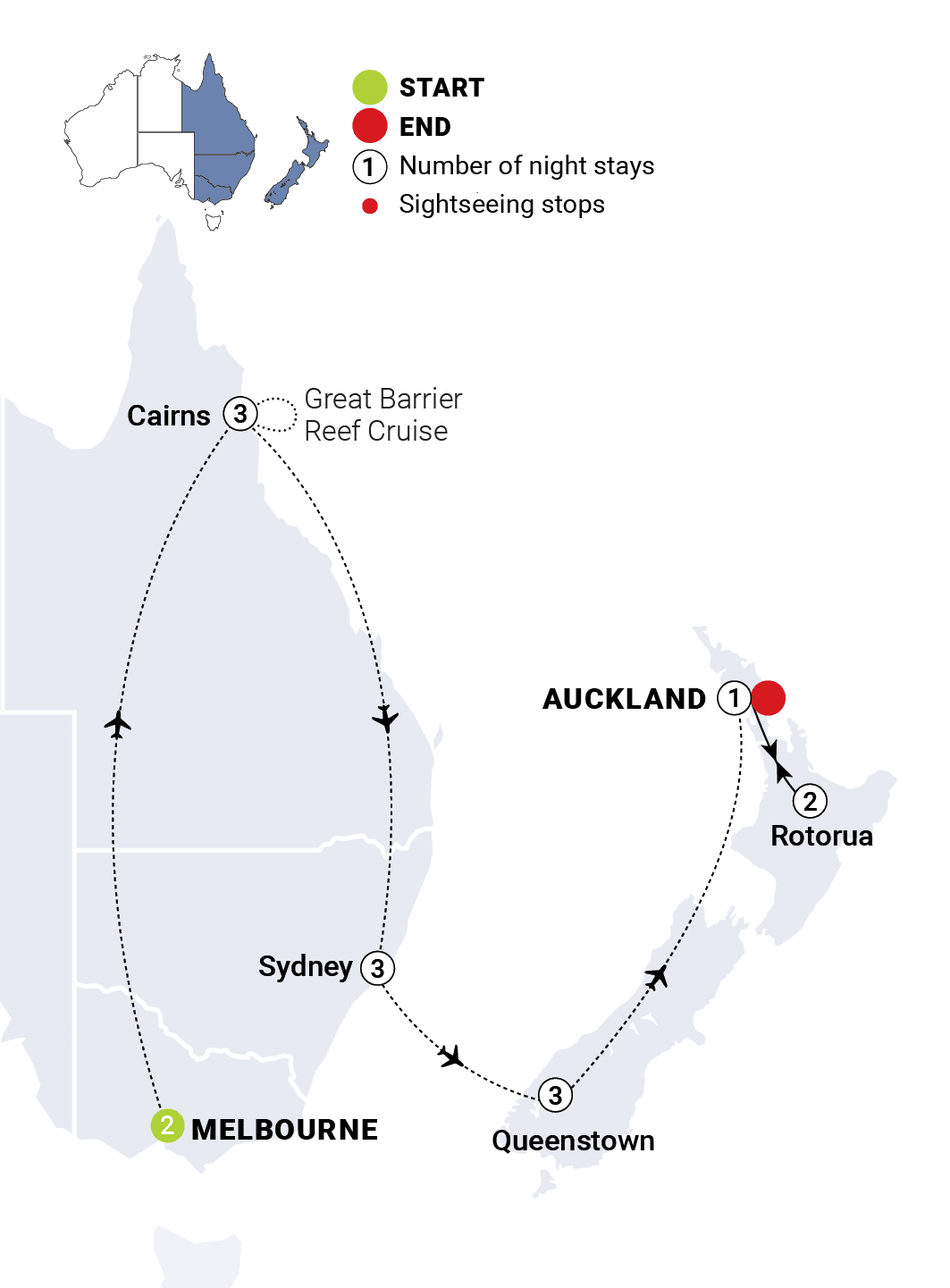 Australia and New Zealand Panorama route map