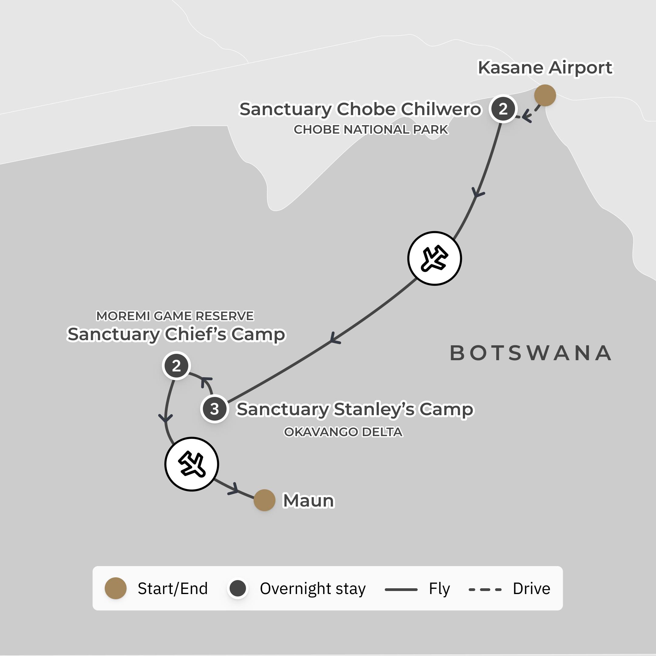 Ultra Lux 8-Day Botswana Private Safari with Sanctuary Chobe Chilwero route map