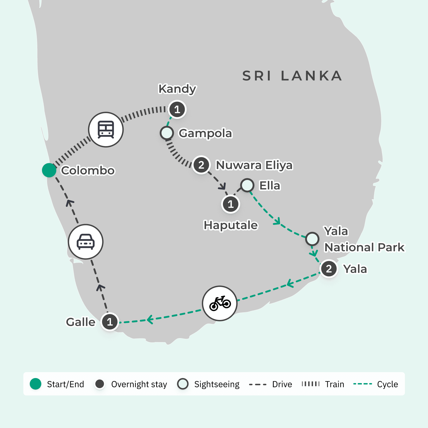 Sri Lanka 2024 Bike Tour with Scenic Train Journey, Galle Fort & Yala National Park Safari route map
