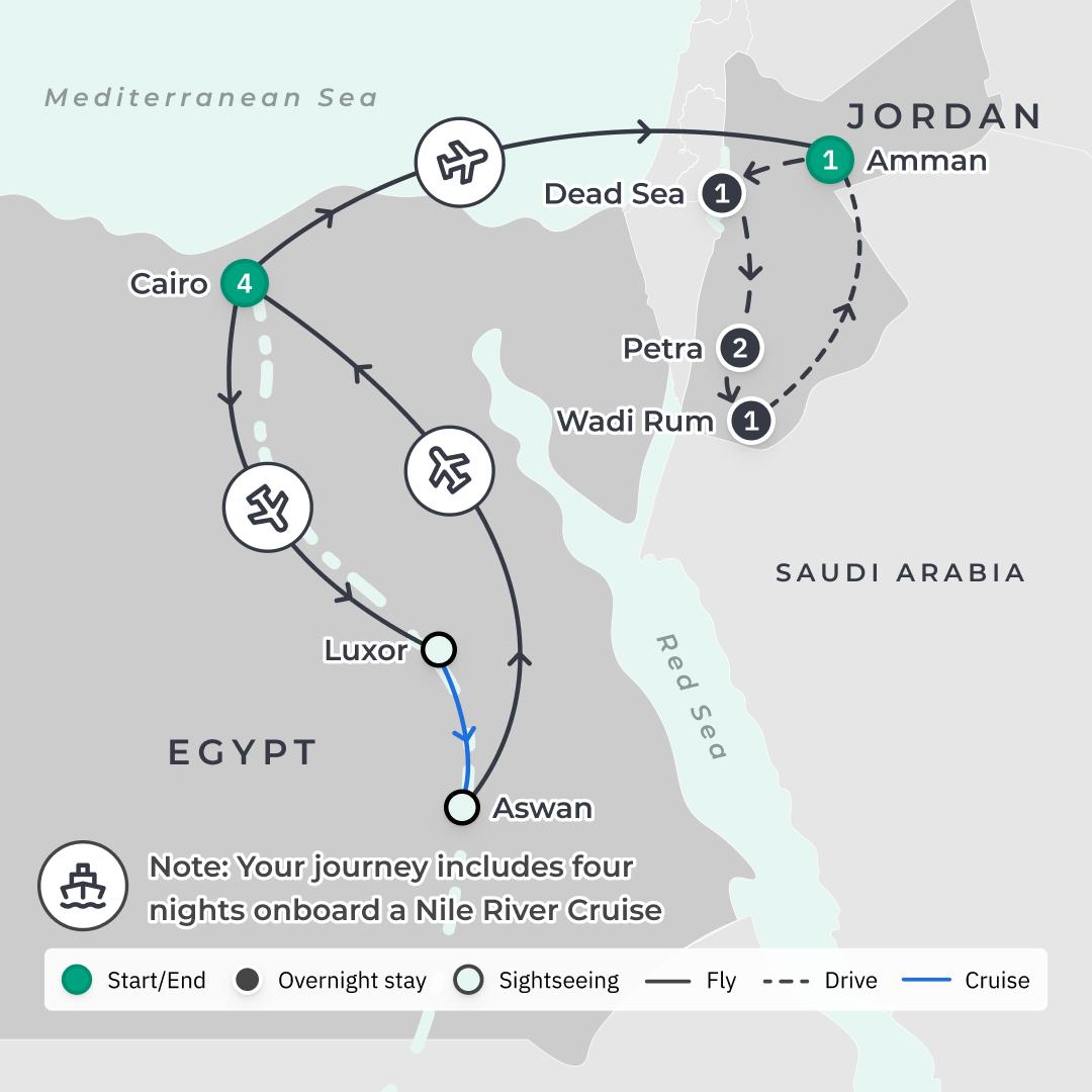 Egypt & Jordan 2024 Discovery with Wadi Rum Desert Camp & Nile River Cruise route map