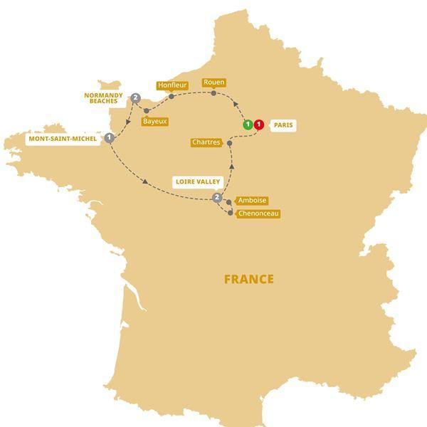 Treasures of France including Normandy route map