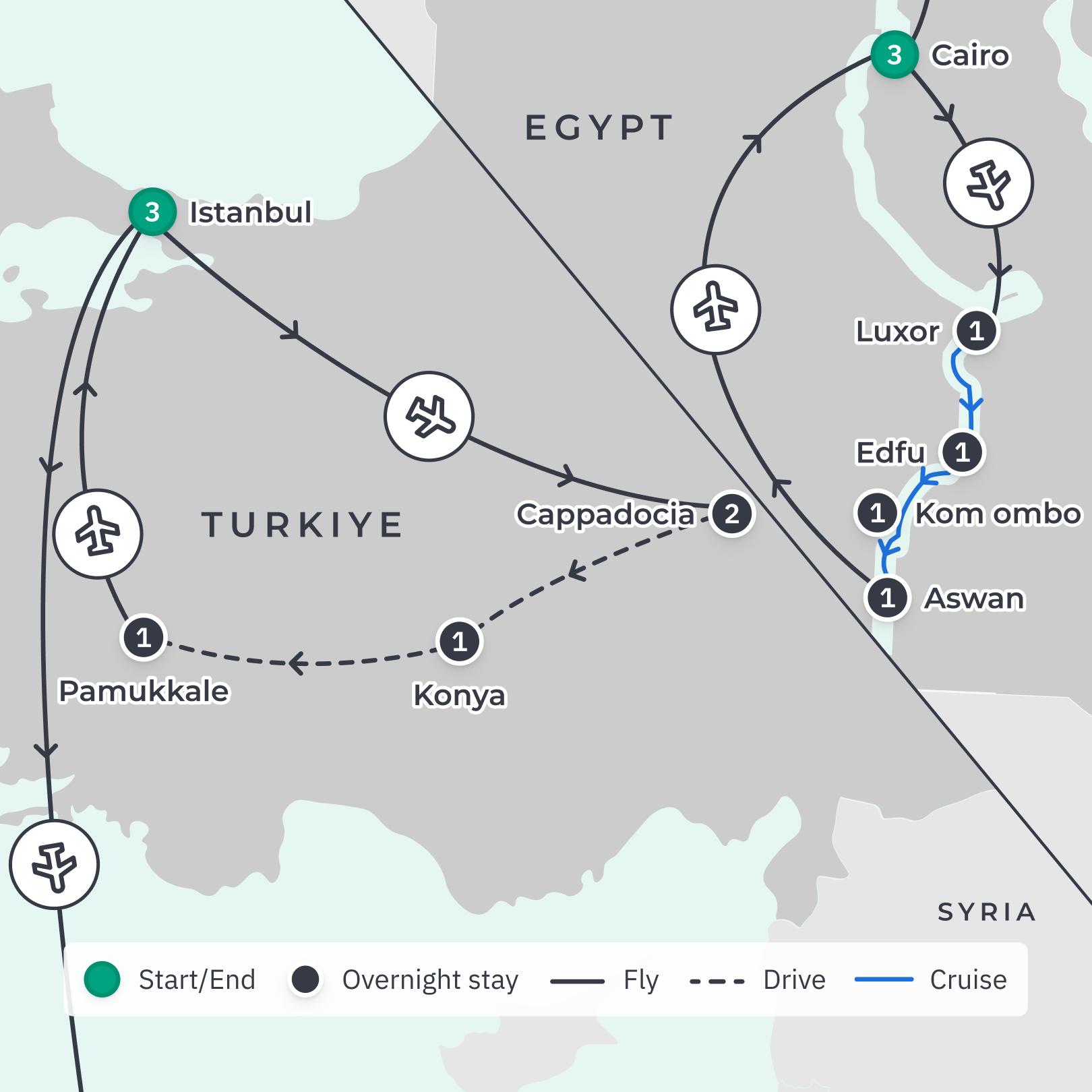 Turkiye & Egypt 2024 Small-Group Tour with Nile River Cruise, Abu Simbel & Cappadocia Visit route map
