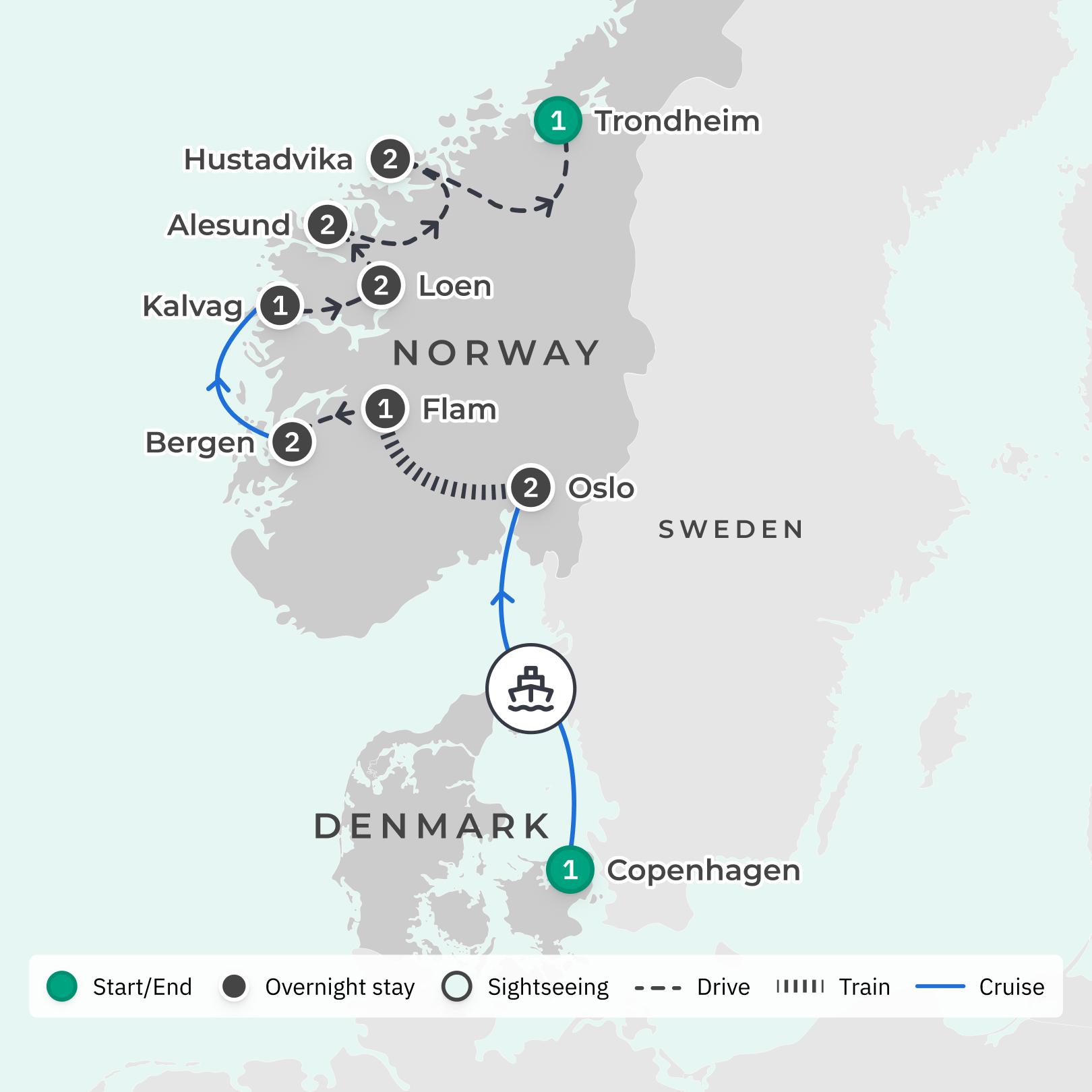 Scandinavia Summer 2024 Small-Group Tour with Fjord Cruise, Scenic Train Journey & Guided Walks route map