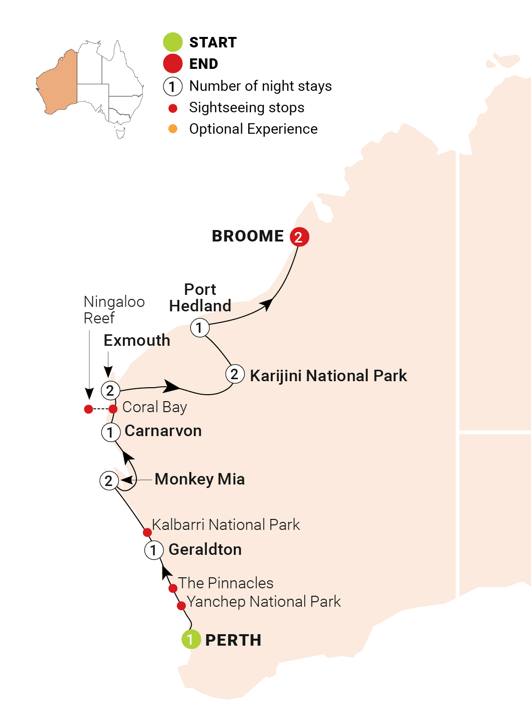 Wonders of the Pilbara & West Coast route map