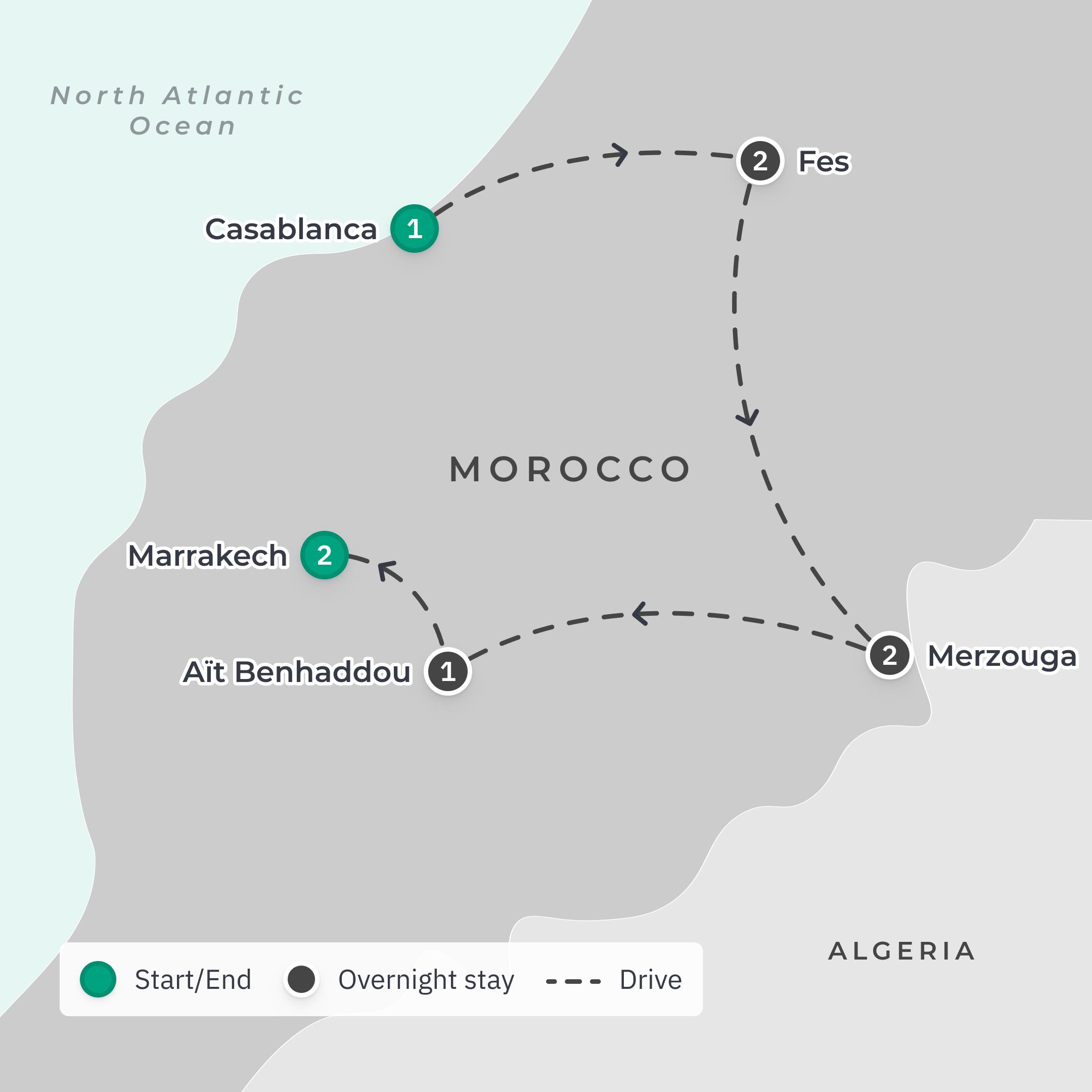 Morocco 2024 Highlights Tour with Handpicked Accommodation, Meknes Wine Tasting, Jeep Safari & Sahara Desert Camp Stay route map
