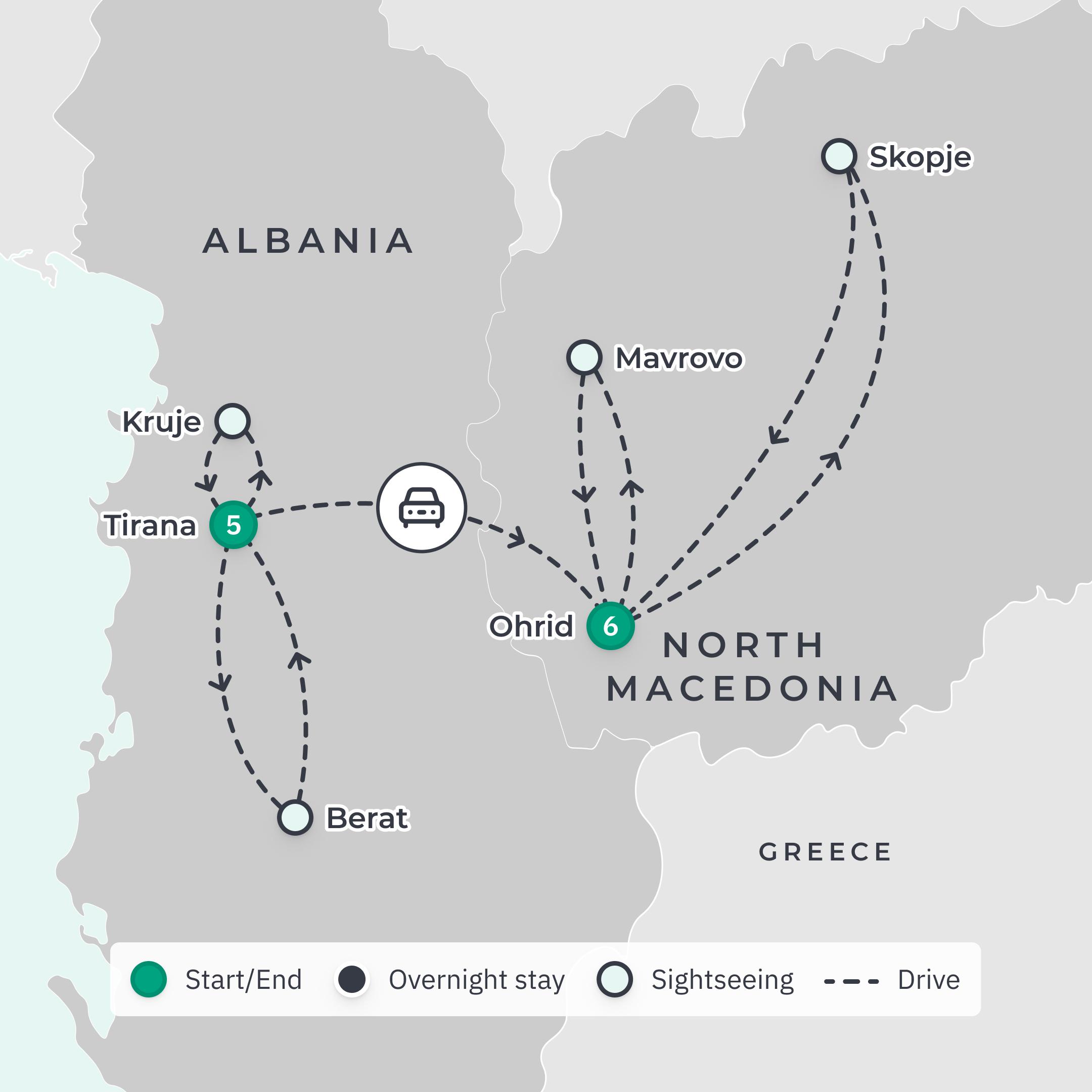 Balkans Off the Beaten Track 2024 Tour with Albanian Wine Tasting, Macedonian Monasteries & Mavrovo National Park route map