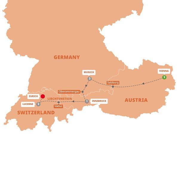 Christmas Markets of Austria, Germany and Switzerland route map