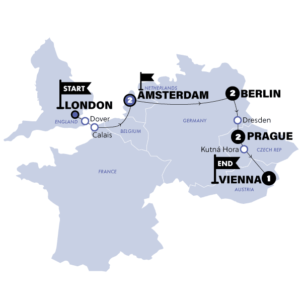 London to Vienna Trail | Start London | Winter | 24/25 route map