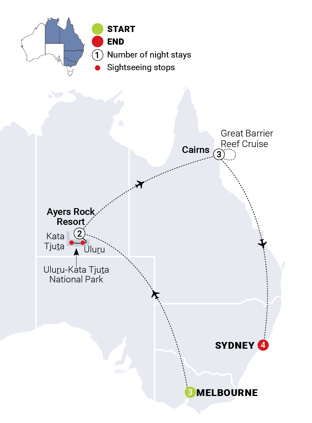 Australian Highlights route map