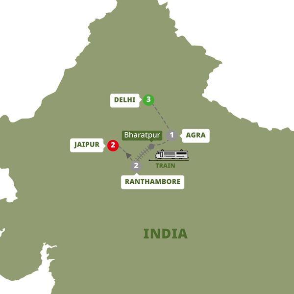 Golden Triangle and the Tigers of Ranthambore route map