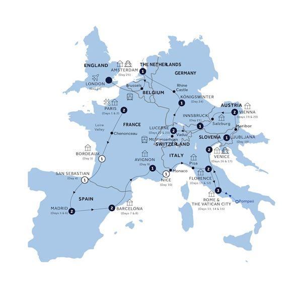 European Grandeur - Start Paris, Return Eurostar, Classic Group route map