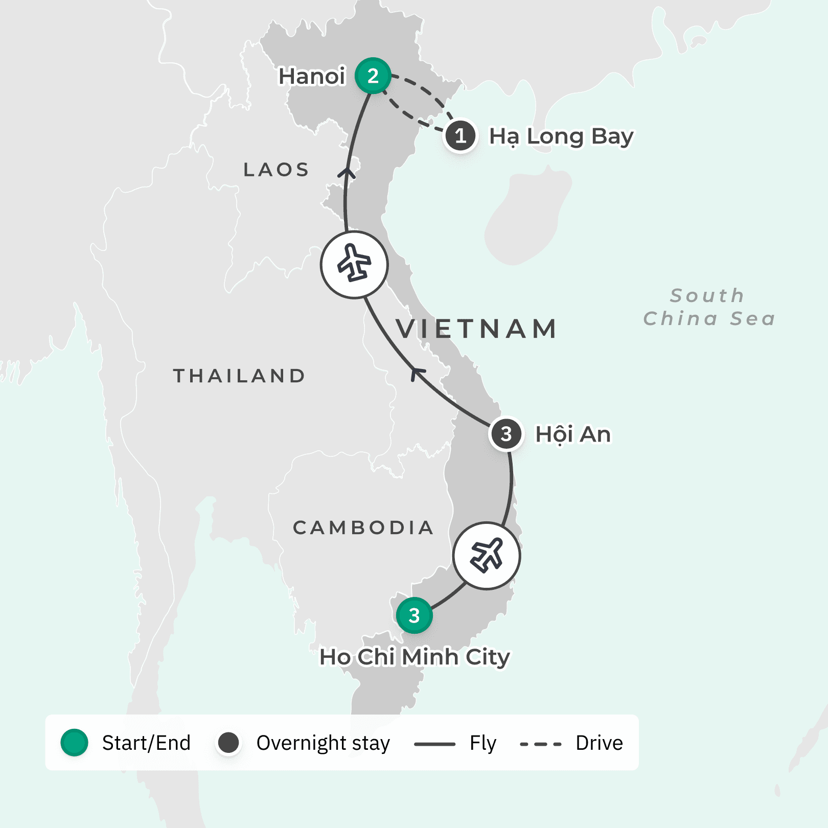 Vietnam 2024 & 2025 Tour with Ha Long Bay Cruise, Cu Chi Tunnels, Mekong Delta & Hoi An Old Town route map