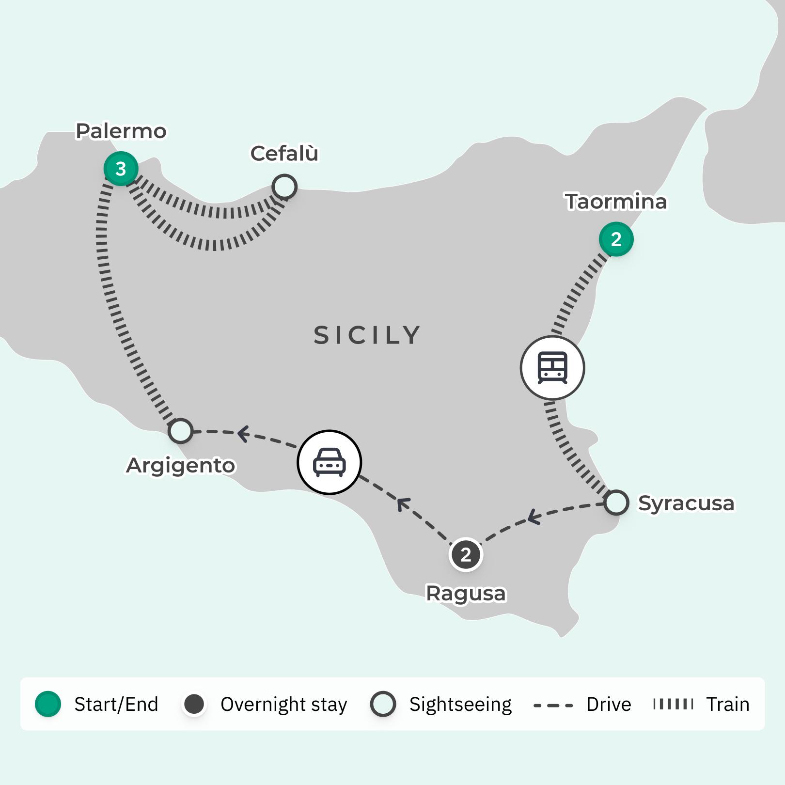 Sicily Highlights Tour by Train with Mount Etna Wine Tasting, Baroque Tour & Agrigento Valley of the Temples route map