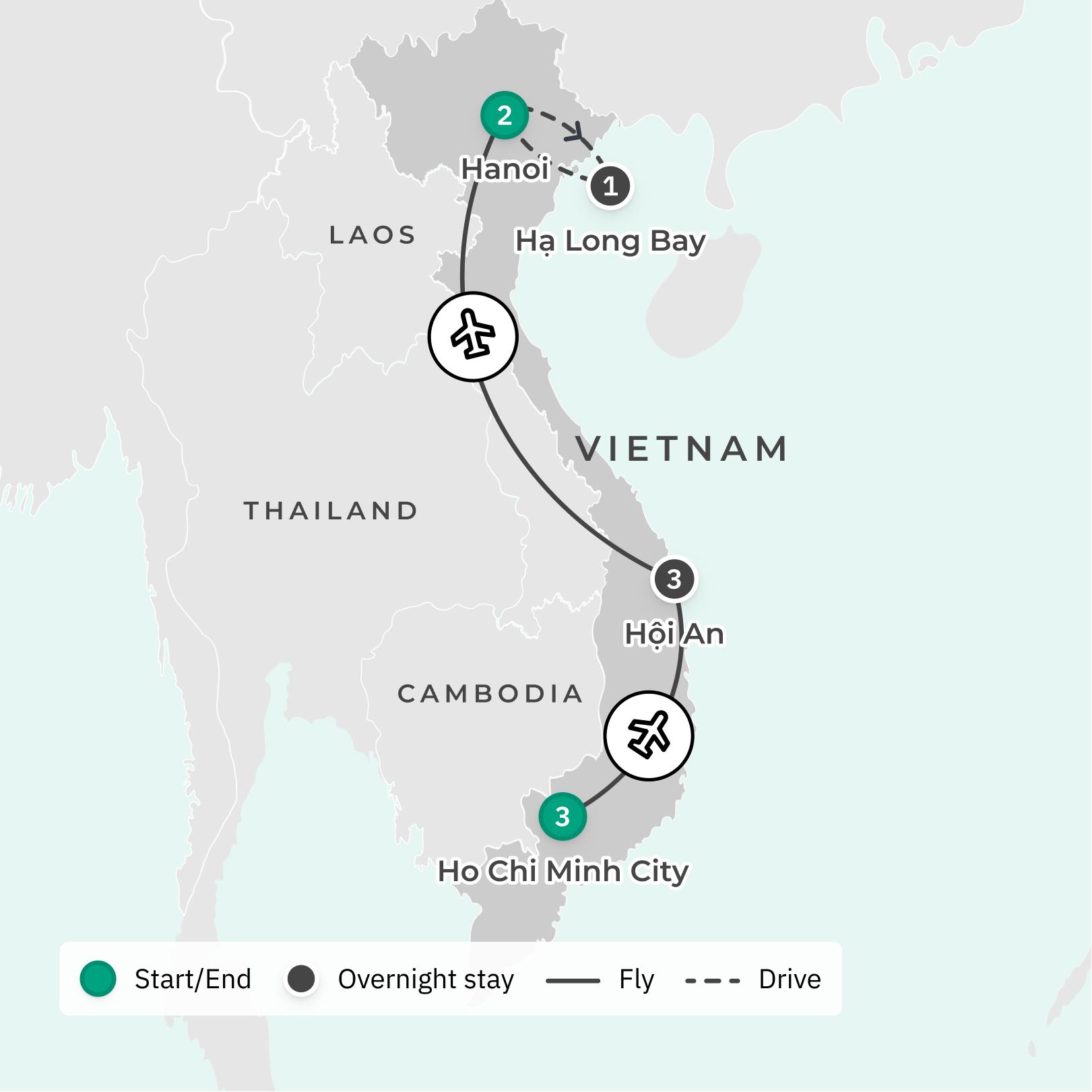 Vietnam Highlights Tour with Four-Star Stays, Ha Long Bay Cruise, Hoi An Old Town Visit & Mekong Delta Sampan Tour route map