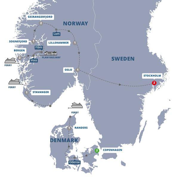 Scenic Scandinavia and its Fjords route map