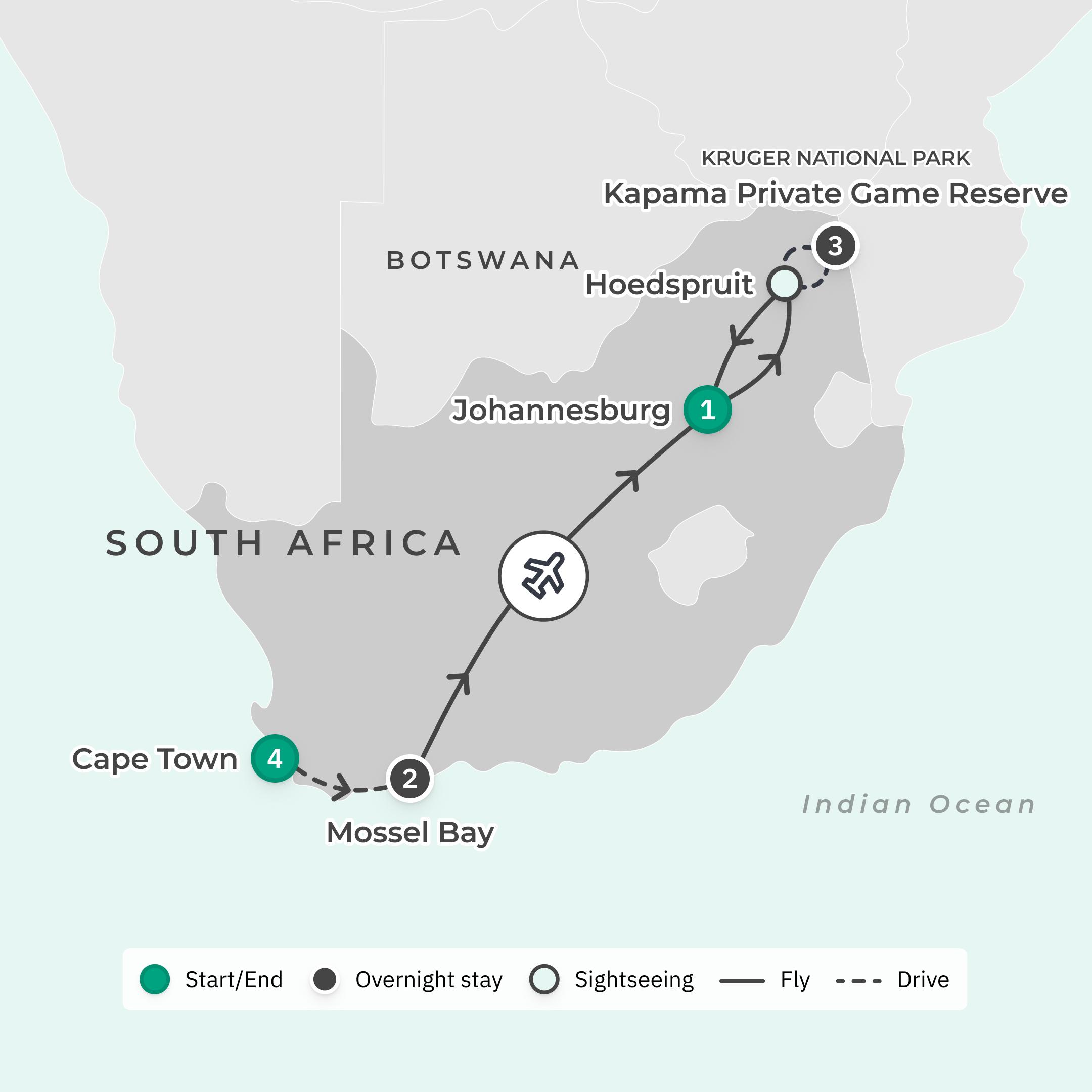 South Africa Highlights with Greater Kruger Big Five Safari & Cape Winelands Tasting route map