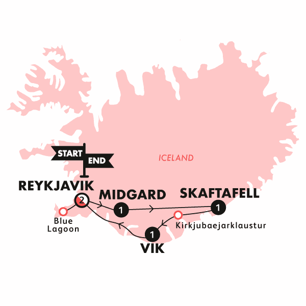 Iceland Fire & Ice, Twin Room, Summer 2025 route map