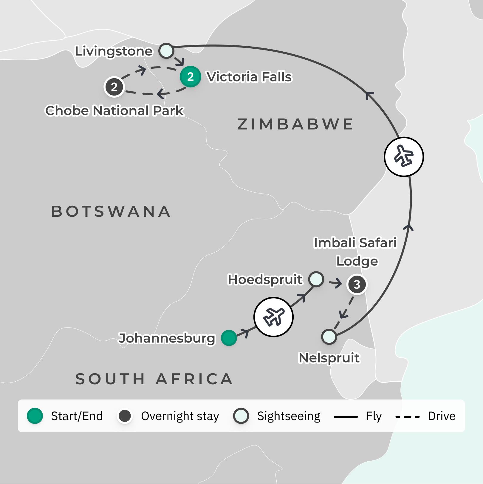 South Africa: 8-Day Small-Group Luxury Safari Tour with Five-Star Lodge Stays, Game Drives & Victoria Falls Cruise route map