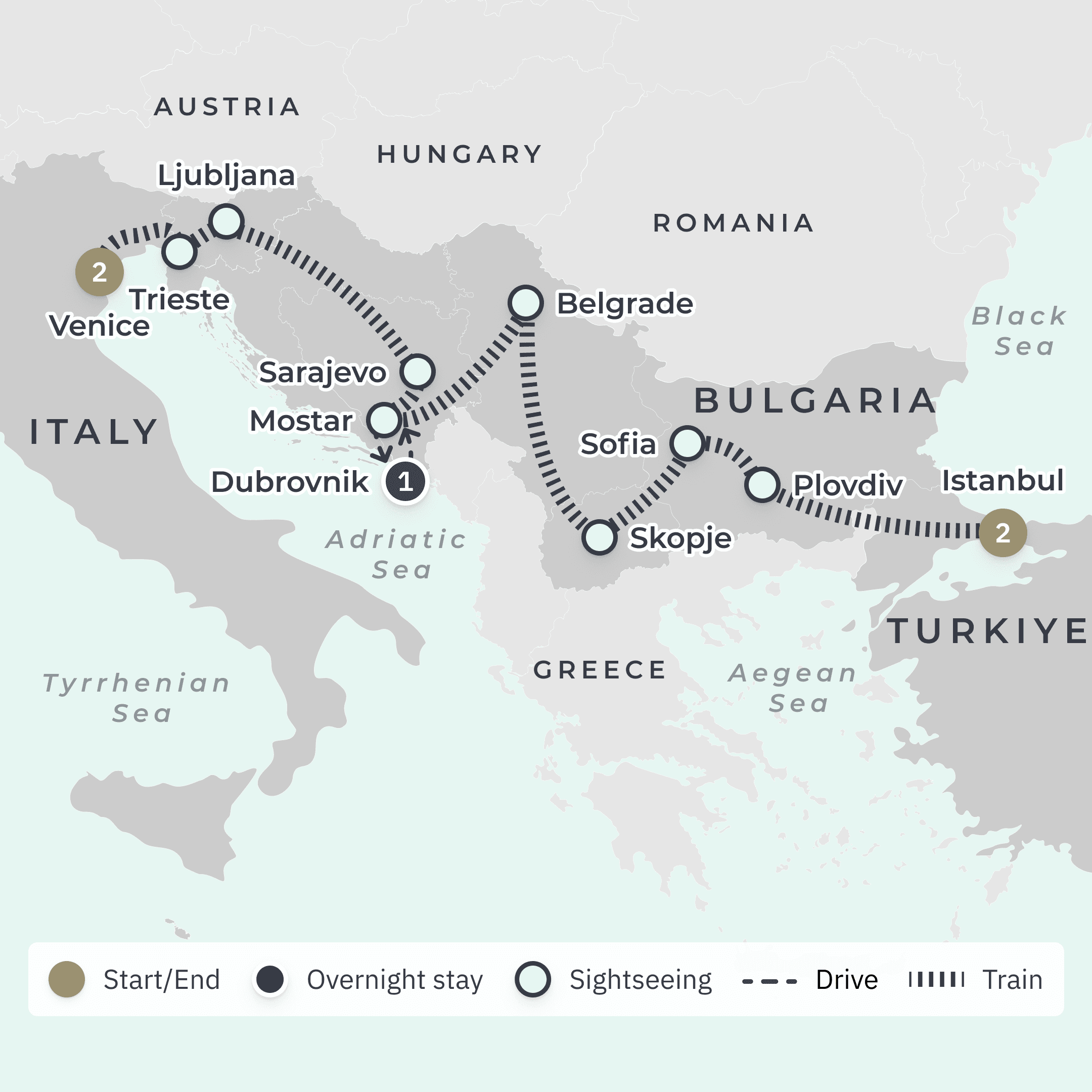 Balkan Explorer 2024: All-Inclusive Ultra-Lux Golden Eagle Rail Journey from Venice to Istanbul with Dubrovnik Stay route map