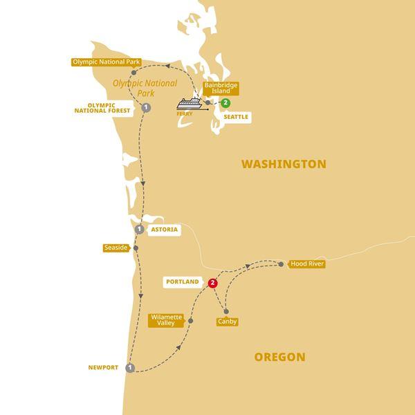 Scenic Seattle, Portland and Oregon Coast route map